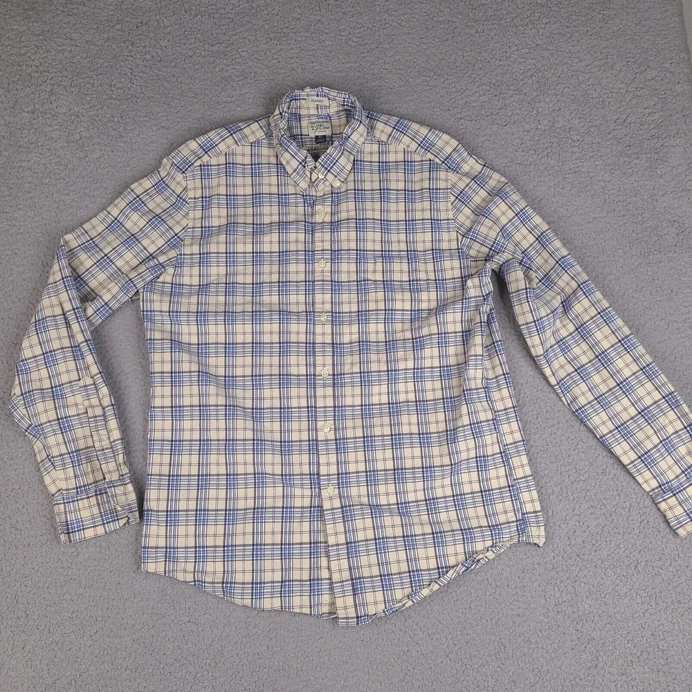 J Crew Shirt‎ Mens XL Beige Blue Plaid Button Down Classic Stretch Long Sleeve